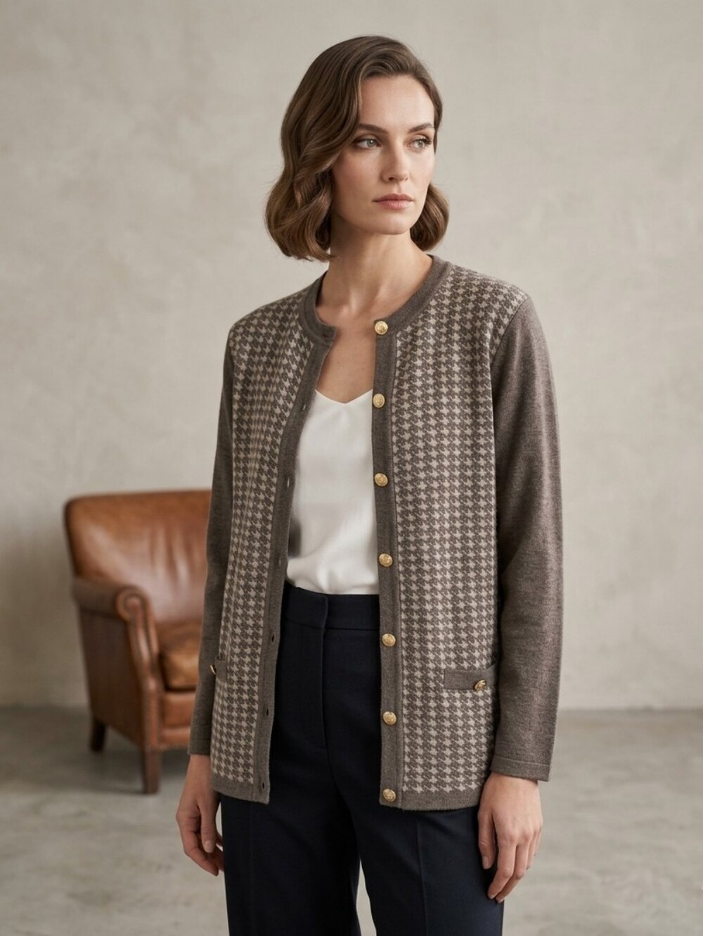 Carte Knit By Mario Wool Acrylic Brown Houndstooth Cardigan